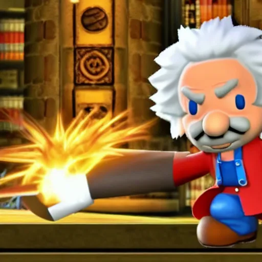 Prompt: announcment Screenshot of a the new smash bros character 'Albert Einstein'