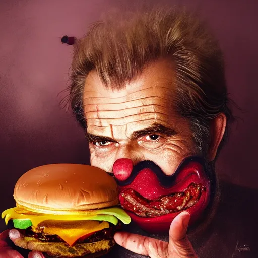 Image similar to portrait photography of Mel Gibson in clown makeup eating a giant hamburger, extra ketchup and mustard with overflowing bacon lettuce and tomato, cinematic lighting, highly detailed, feminine ethereal, D&D, hearthstone, digital painting, artstation, concept art, smooth, sharp focus, illustration, art by Terry Moore and Greg Rutkowski and Alphonse Mucha