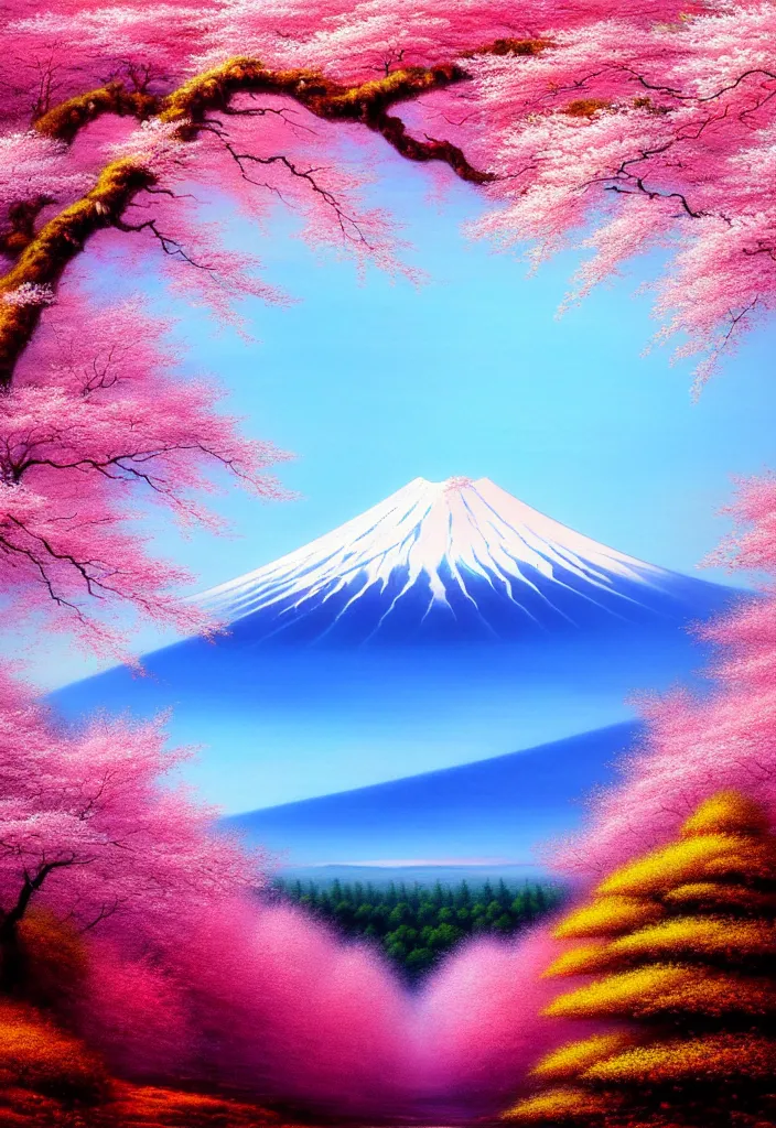 Image similar to a real photographic landscape painting with incomparable reality, wide angle, in forest, flowers, cherry blossom tree in full bloom, bright style, mount fuji, clearing, john howe, magnificent, artstation