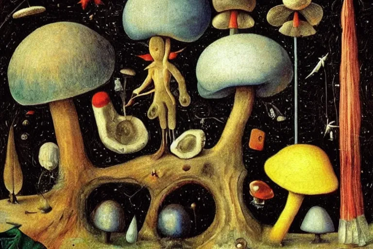 Prompt: how magic mushrooms can take us to the farthest reaches of inner space, painting by bosch