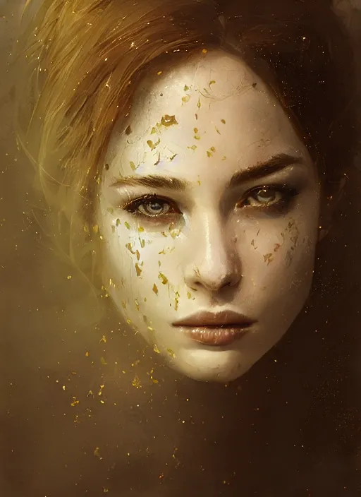 Image similar to golden leaves, creative composition for a book cover, moon, beautiful portrait painting by jeremy mann, a female witch absurdly beautiful, elegant, ultrafine hyperrealistic detailed face illustration by wlop and artgerm and greg rutkowski, intricate linework, sharp focus, smooth, octopath traveler, final fantasy, unreal engine, dramatic lighting, ethereal, 8 k