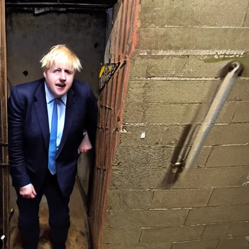 Prompt: boris johnson locked up a basement dungeon, trailcam