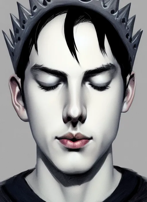 Image similar to portrait of teenage jughead jones wearing a light grey crown, photorealistic, crown, eyes closed, crown, black hair, intricate, elegant, glowing lights, highly detailed, digital painting, artstation, concept art, smooth, sharp focus, illustration, art by wlop, mars ravelo and greg rutkowski