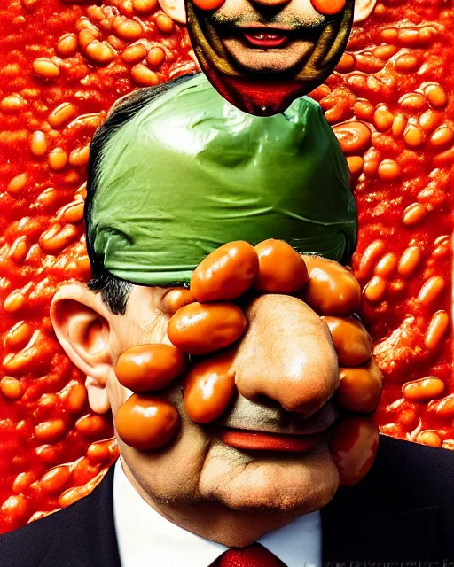 Image similar to portrait of mr bean's face in a bowl full of baked beans, face covered in beans and tomato sauce, baked beans covering his eyes, a pile of baked beans on his head, his mouth wide open and full of baked beans, overflowing with baked beans, muted colors, surrealist oil painting, highly detailed