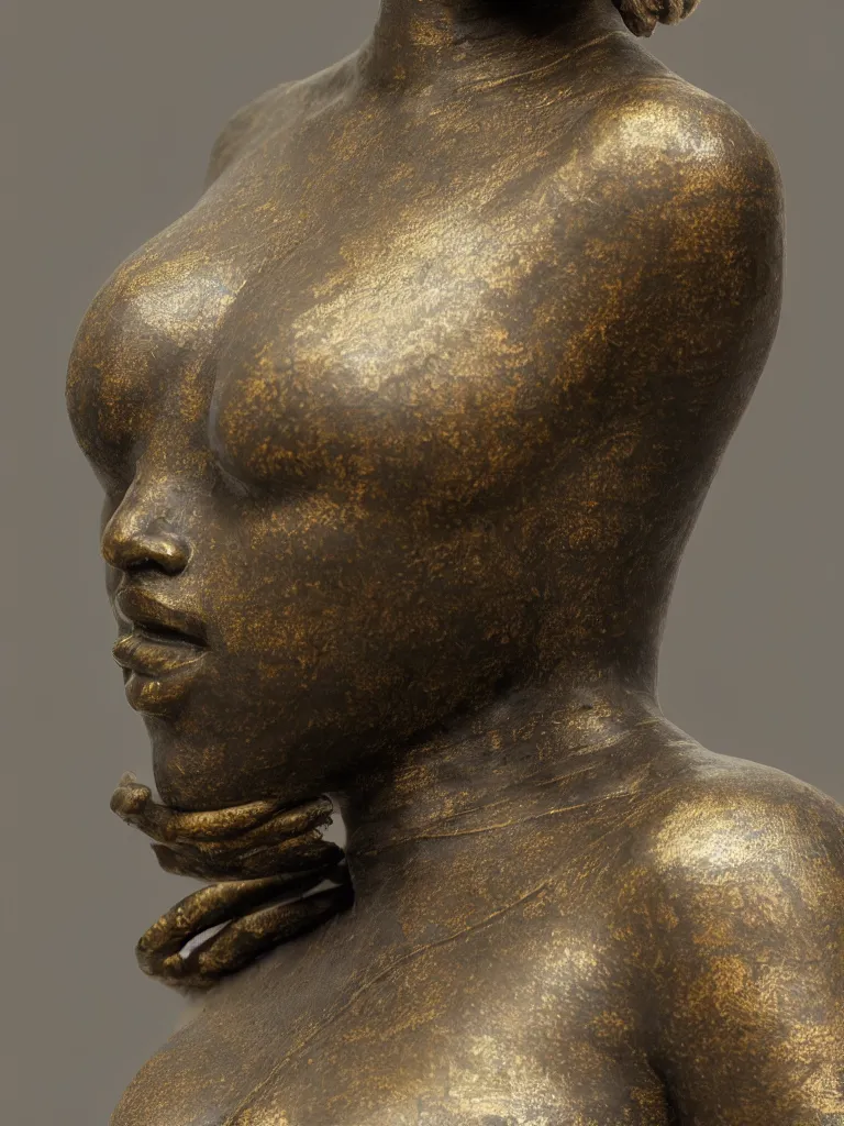 Prompt: detailed photo of an old bronze patina statue of a beautiful curvy woman portrait, intricate detail, museum diffuse lighting