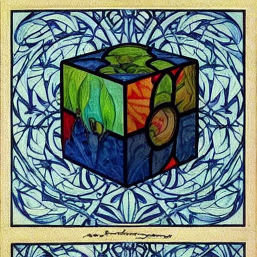 Prompt: beautiful art nouveau painting of companion - cube!!!!!!!!!!!!!!!!! companion - cube!!!!!!!!!!!!!!!!!, by william morris, gaudy colors. intricate linework. sharp edges.