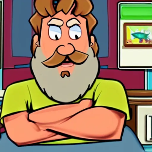 Image similar to a bearded white man with combed hair in the day of the tentacle video game