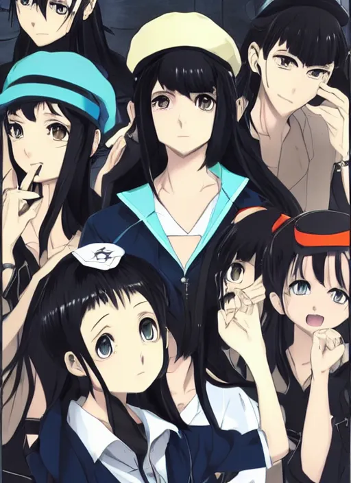 Image similar to key anime visual of a beautiful girl wearing a beige beret and blue shirt; long black hair; anime; drawn by Shigenori Soejima; 3 tone colors