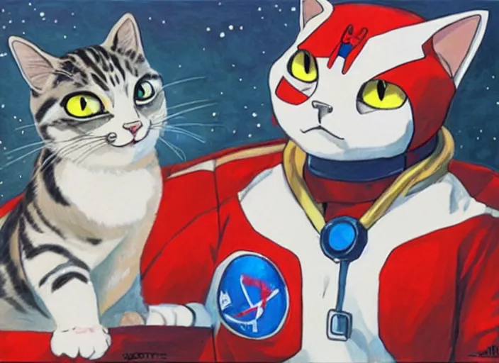 Prompt: painting of a cat dressed as an astronaut, stuido ghibli, gurren lagann