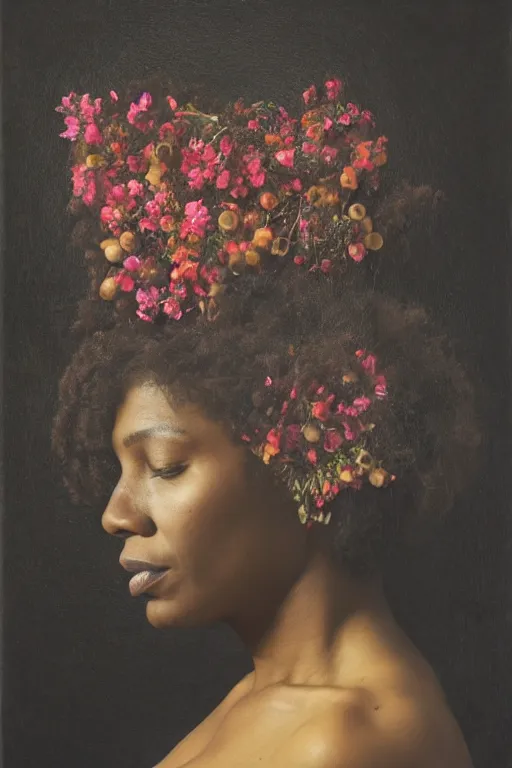 Prompt: an African American woman's face in profile, long dark hair, made of flowers and fruit, in the style of the Dutch masters and Gregory crewdson, dark and moody