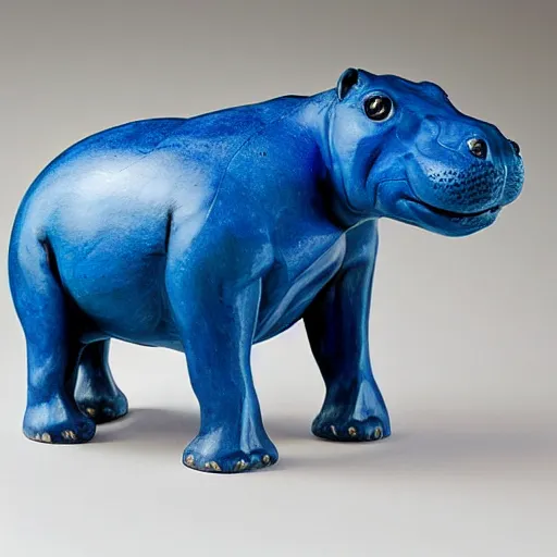 Image similar to a small smooth hippo statue carved from natural wood, dipped in polished blue resin, half and half, mixed media, side view