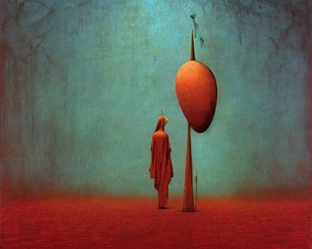 Image similar to by francis bacon, beksinski, mystical redscale photography evocative. devotion to the scarlet!!! woman!!!, priestess in a conical!!! hat, coronation, ritual, sacrament