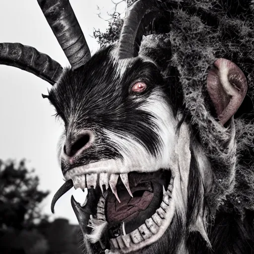 Image similar to horror photography, cinematic, moody, screeching mutant goat monster with a mouth crammed full of sharp teeth and filthy matted fur