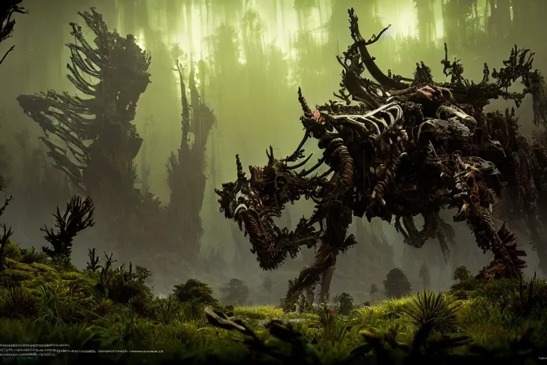 Image similar to wide epic shot from horizon forbidden west. a hyper detailed organic mechanic creatuve realistic similar look as horizon forbidden west horizon zero dawn, bioluminiscence in a dark deep forest at dawn in spring, with reflection and textures, by kilian eng, substance painter reaslitic mech surface metal painted scratches, world env from horizon forbidden west horizon zero dawn