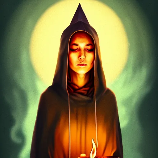 Image similar to ( a priestess with a hood that covers half her face carries an incense burner that emits a pleasantly colored flame. ) by anato finnstark, photorealistic, fullbody portrait, dynamic lighting, beautiful, trending on artstation, wallpaper, 4 k, award winning, digital art, golden hues