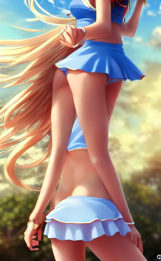 Image similar to a very beautiful young anime tennis girl, full body, long wavy blond hair, sky blue eyes, ( ( ( full round face ) ) ), short smile, bikini, miniskirt, front view, mid - shot, highly detailed, cinematic wallpaper by stanley artgerm lau