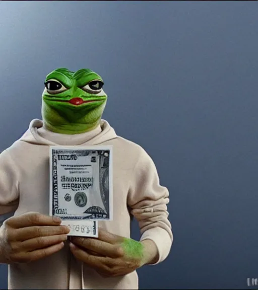 Prompt: pepe holding money, realistic, frame from the movie, hyper detailed, dramatic light