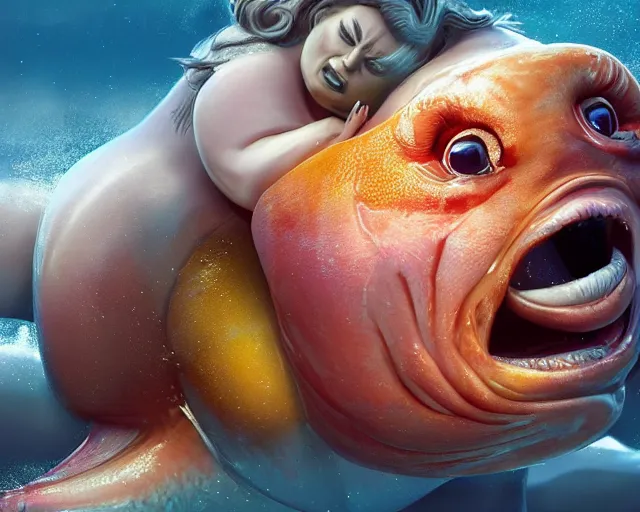 Image similar to of a very beautiful scene. ambient occlusion render. a sweet fat old woman is giving birth to a huge colorful fish. hyper realistic. 4 k. wide angle. sadness. shininess. symmetrical face, red mouth, blue eyes. deep focus, lovely scene. ambient occlusion render. concept art. unreal engine.