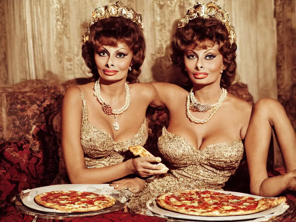 Prompt: photo of sophia loren, young, relaxed pose, antique luxury sofa, holding pizza, eating pizza, sharing pizza, intricate ornamented tiara, opulent pearl necklace, laced dress, golden lighting, sharp focus, masterpiece, extremely coherent