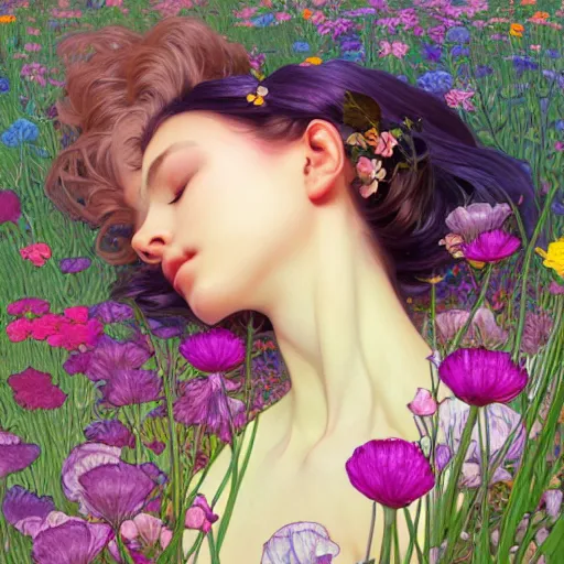 Image similar to a woman sleeping in the middle of flowers, confident pose, pixie, genshin impact, intricate, elegant, sharp focus, illustration, highly detailed, concept art, matte, trending on artstation, lisa frank, alfons mucha, art by wlop and artgerm and greg rutkowski, ilya kuvshinov, strong strokes