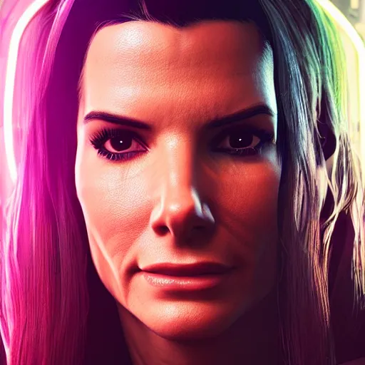 Prompt: sandra bullock portrait, cyberpunk 2 0 7 7, photorealistic, ultra detailed, neon, octane, bokeh, cinematic lighting, cyber, cyberpunk city, studio quality, feature, scars, cyberface, 8 k