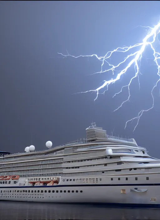 Prompt: silver cruise ship struck by lightning unreal 5, DAZ, hyperrealistic, octane render, dynamic lighting