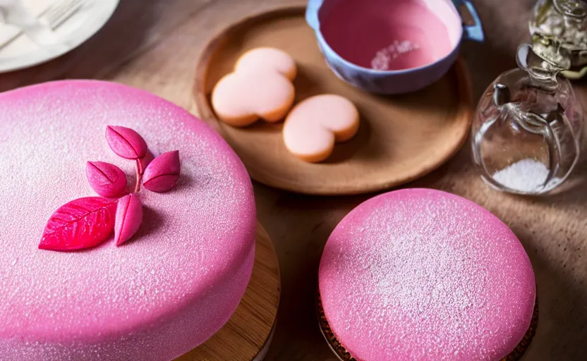 Image similar to A photo of a swedish cake from the side on a wooden table, covered with pink marzipan, some powder sugar and a marzipan leaf. Sunset. 4K. Cinematic lighting. High detail. Realistic. Delicious.