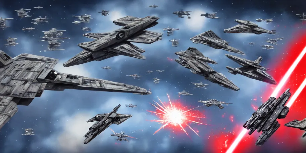 Prompt: Star Wars vs the US Air Force, fighting, planes, battlefield, trending on art station, epic battle, intense battle, large scale battle, Star War Army, United States Air Force , infantry, 8k