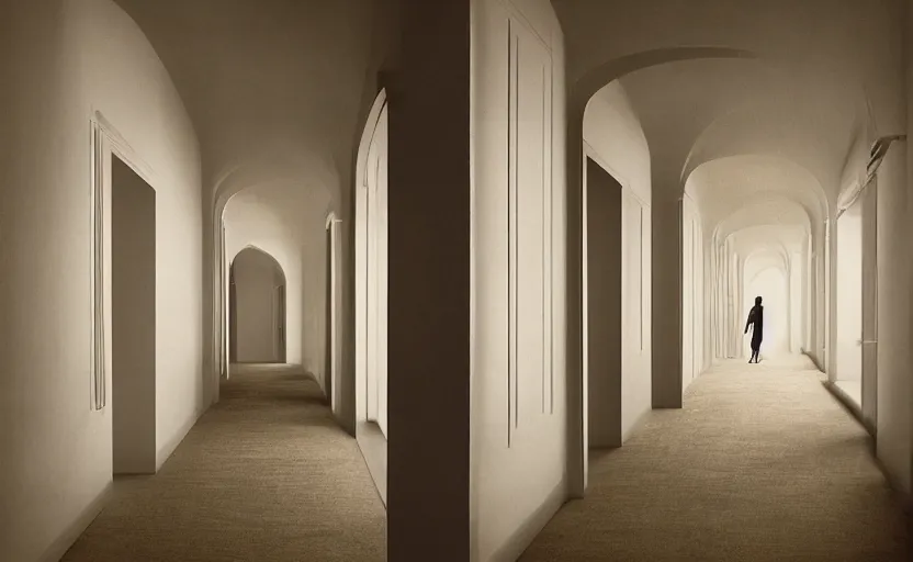 Image similar to a long hallway with a white door and a brown carpet, a detailed matte painting by jacob toorenvliet, cg society, postminimalism, studio portrait, photo taken with provia, studio light