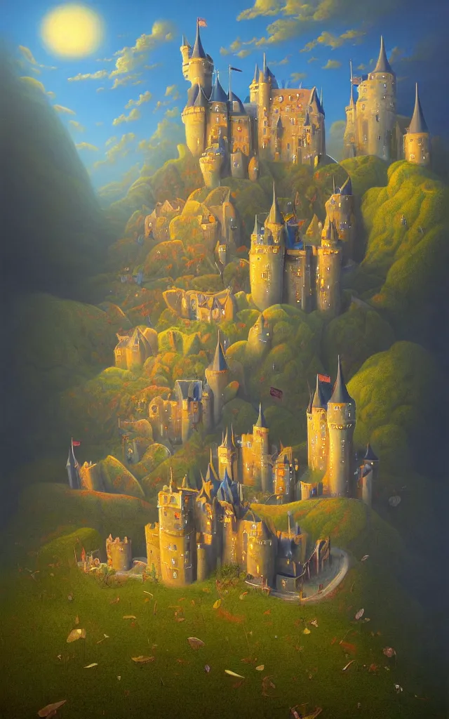 Image similar to close view of a castle an oil on canvas portrait painting of world castle happy place, volumetric light godray, surrealism, surrealist, impossible geometry, rob gonsalves, high detail fantastic gediminas pranckevicius