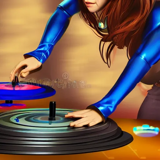 Image similar to a heroic woman wearing a blue super hero outfit playing on turntables, digital artwork, art station trending, ultra high detail