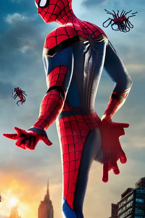Image similar to a promotional poster of Spider-man standing in front of his villains