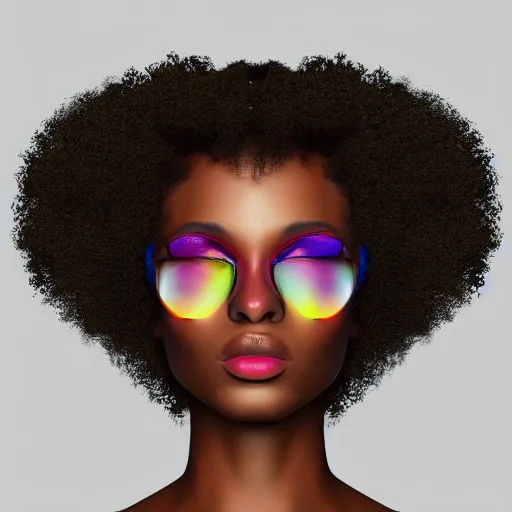 Image similar to photorealistic portrait of a black woman with an afro, trippy, 4 k, 8 0 mm