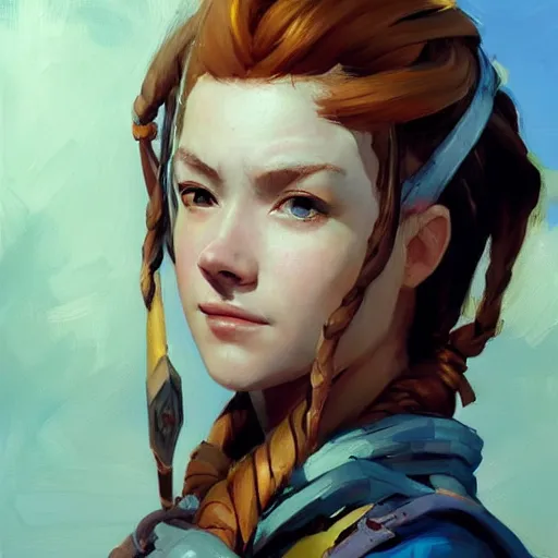 Image similar to greg manchess portrait painting of a aloy as overwatch character, medium shot, asymmetrical, profile picture, organic painting, sunny day, matte painting, bold shapes, hard edges, street art, trending on artstation, by huang guangjian and gil elvgren and sachin teng