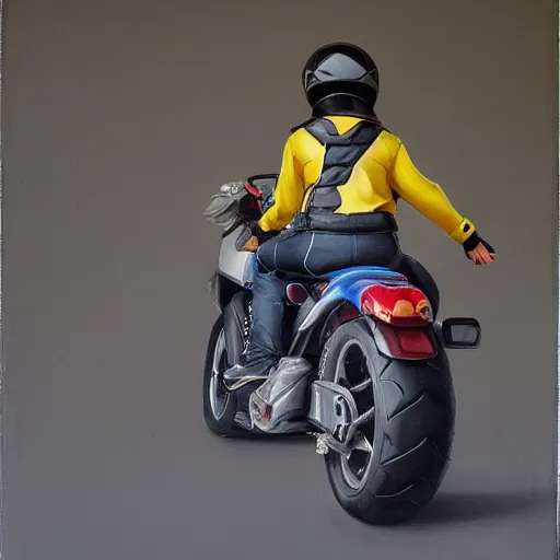 Image similar to pikachu riding motorcycle, nestor canavarro hyperrealist art style, sharp brushstrokes