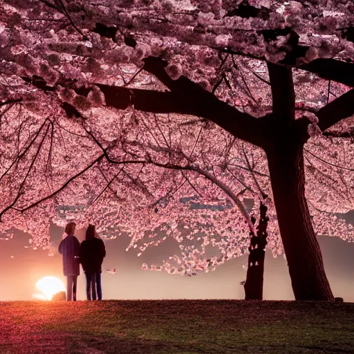 Image similar to 2 friends under the cherry blossom tree during dawn. photography, canon, 8 k, octane