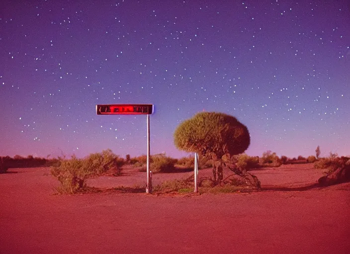 Image similar to “alien wildlife photography on an alien planet, night, neon, various subjects, cinestill 800t, in the style of William eggleston”