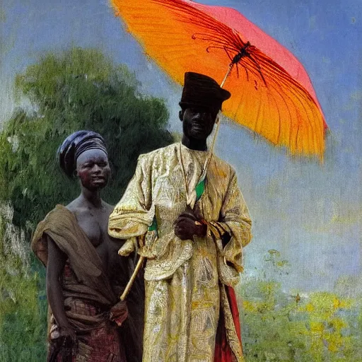 Prompt: portrait of king of dahomey outdoors dressed in airy clothing, with helper holding an umbrella over him, 1905, brightly coloured oil on canvas, by ilya repin