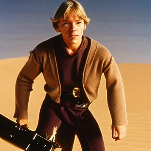 Prompt: patrick stewart with wavy blond hair as luke skywalker on tatooine