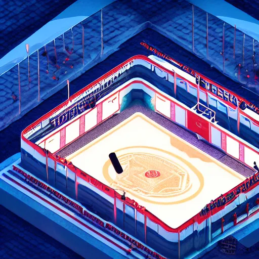 Prompt: Hockey arena game illustration, aerial view, isometric Voxel, Blizzard, EASports, intricate, elegant, highly detailed, digital painting, artstation, concept art, smooth, sharp focus, art by Roman Klco and Shadow Run, brightly lit cinematic soft lighting, photorealistic