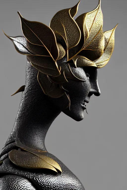 Image similar to close - up profile face, black background, beautiful young porcelain vegetal - dragon - cyborg - female, 1 5 0 mm, beautiful natural soft rim light, silver gold details, magnolia leaves and stems, roots, mandelbot fractal, elegant, hyper real, ultra detailed, white metallic armour, octane render, 1 6 k