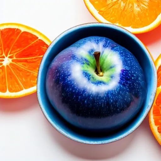 Prompt: a blue apple in a bowl of oranges, top view, white background