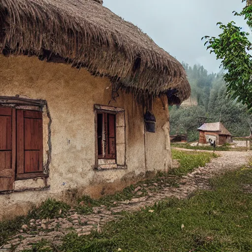 Image similar to a romanian village, 4 k photography, very detailed, photo realistic, cinematic