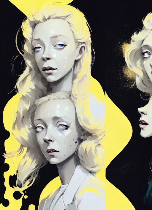 Image similar to highly detailed closeup portrait of beautiful portia doubleday, blonde wavy hair, angela moss, white suit by atey ghailan, by greg rutkowski, by greg tocchini, by james gilleard, by joe fenton, by kaethe butcher, gradient yellow, black and white color scheme, grunge aesthetic!!! ( ( graffiti tag wall background ) )