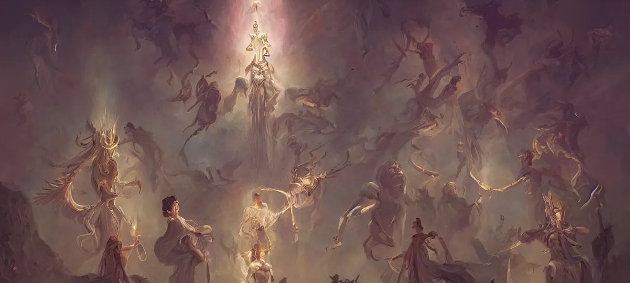 Image similar to angelical time keepers in sacred clothes performing a ritual of planetary sacrifice, tarot, detailed, realistic, digital art, trending on artstation by peter mohrbacher and greg rutkowski