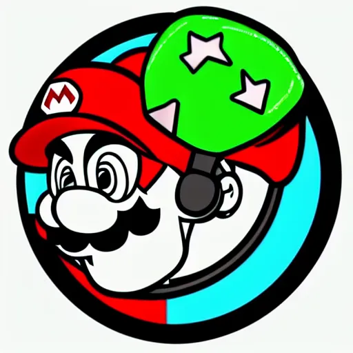 Image similar to svg sticker of a Pop-Wonder SuperMario, Mario-Wearing-a-red-hat, at a rave, spinning records, giant headphones rocking out, wearing headphones, huge speakers, dancing, rave, DJ, spinning records, digital art, amazing composition, rule-of-thirds, award-winning, trending on artstation, featured on deviantart