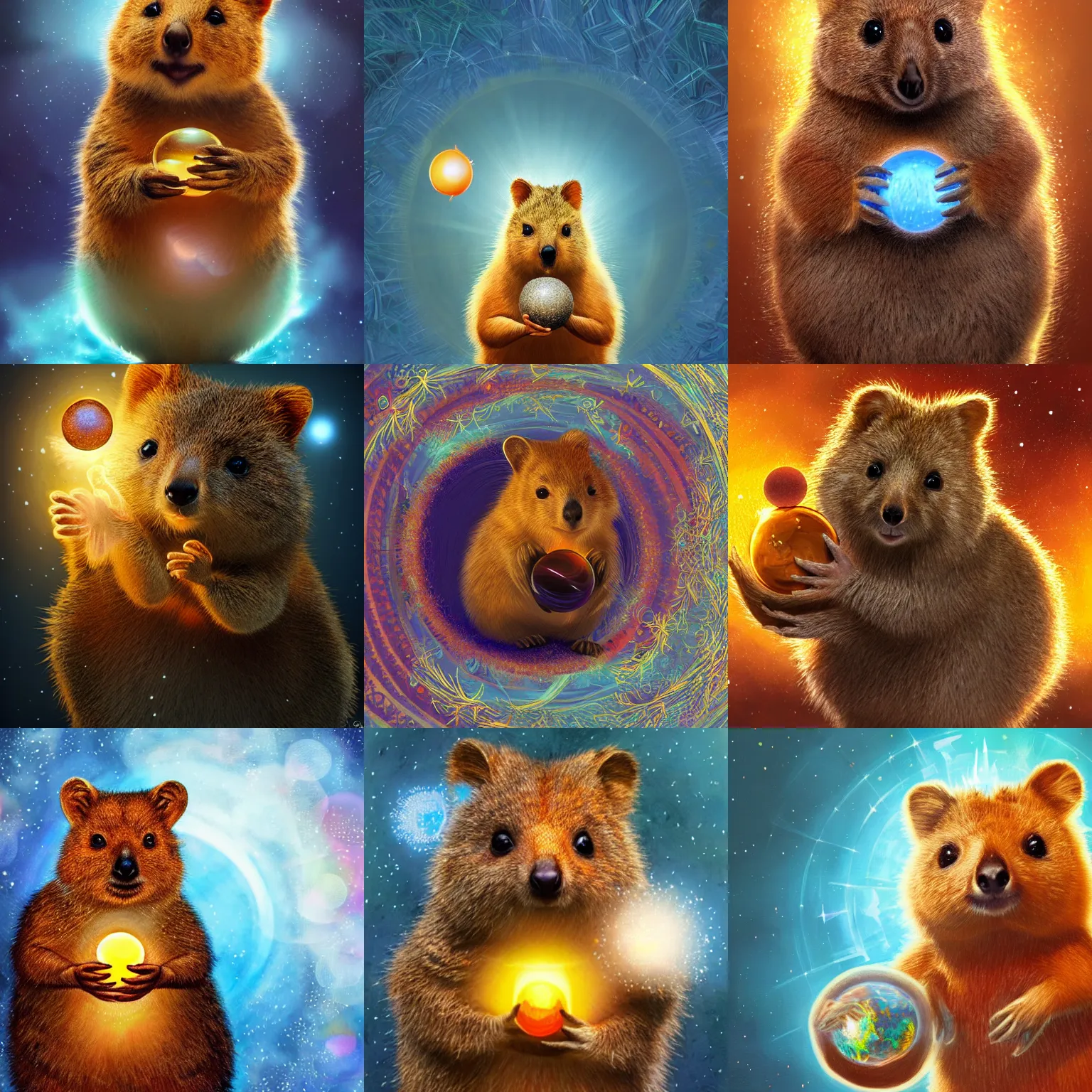Prompt: photo of a quokka holding an orb surrounded by magical energy, intricate, highly detailed, digital painting, artstation, concept art, smooth, sharp focus, illustration, vfx