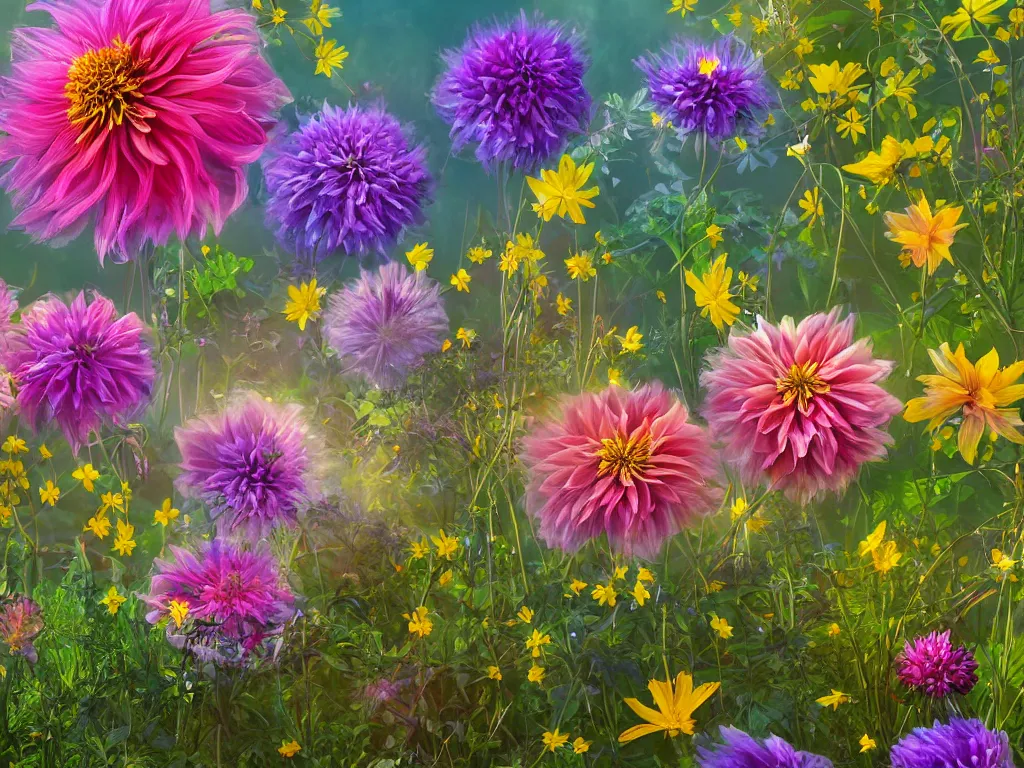 Prompt: 3d render from the undergrowth of iridescent wildflowers, dahlias, cosmos, buttercups, Sunlight Study, by Carducius Ream and (((((Lisa Frank))))), Art Nouveau, 8k, extreme detail, sharp focus, octane render