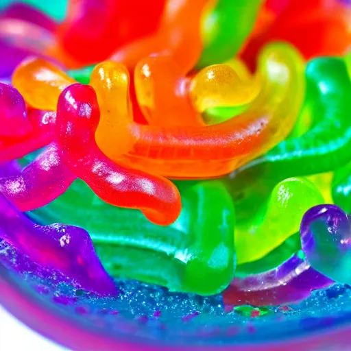 Prompt: macro image of a bowl full of gummy worms, realistic, glistening, slightly sprayed with water.