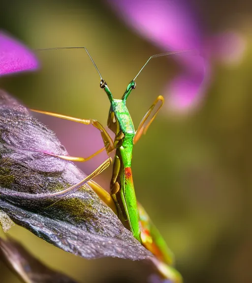 Prompt: super macro photo of a golden iridescent praying mantis on a flower in a forest. dof. bokeh. magical atmosphere. art by greg rutkowski. lifelike. very detailed 8 k. intricate. soft light. nikon d 8 5 0.